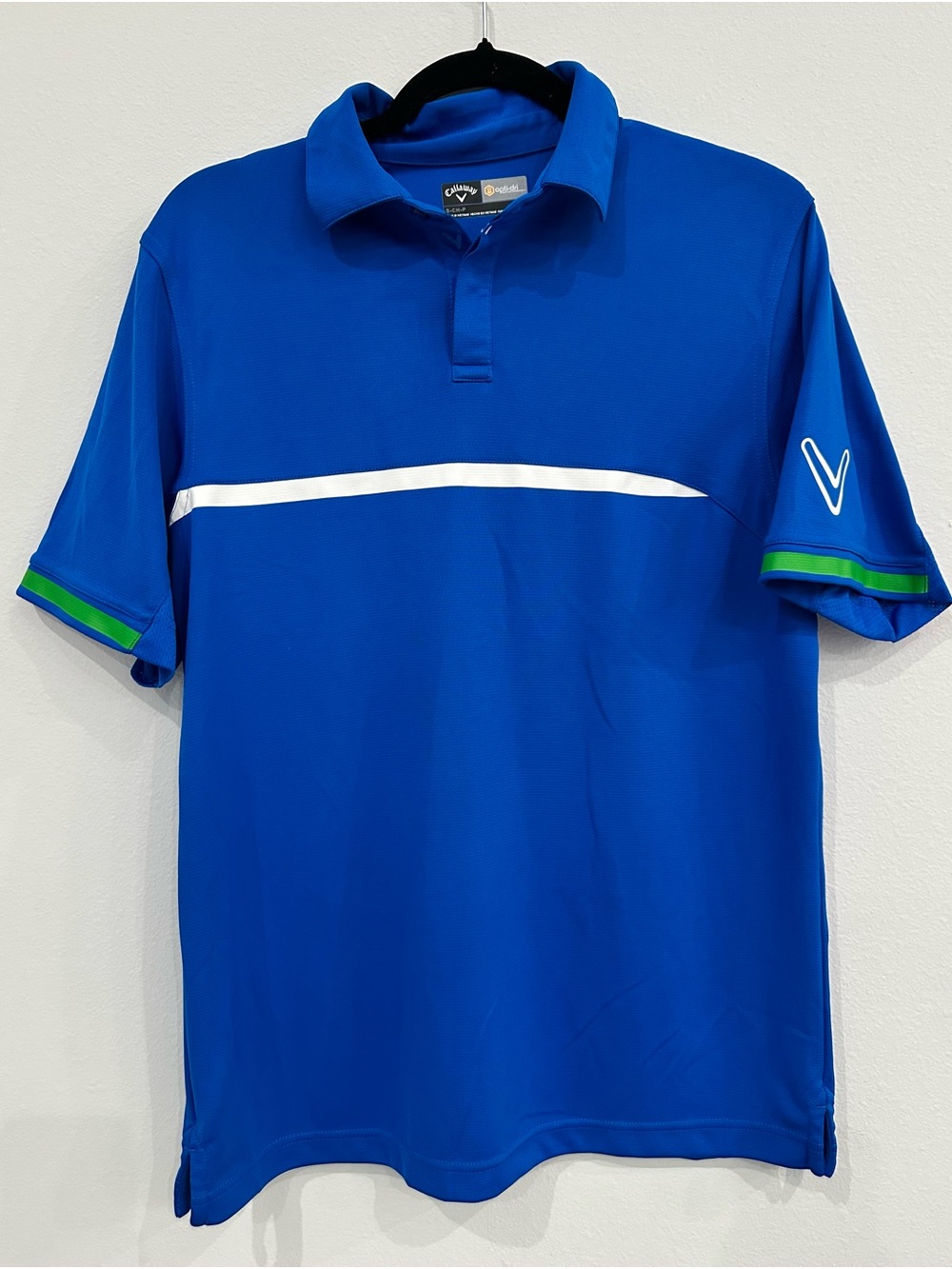 Callaway Blue Polo with White Chest Stripe and Green Trim